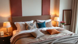Cuscini letto decorativi disposti su un letto, aggiungendo comfort e stile all'ambiente.