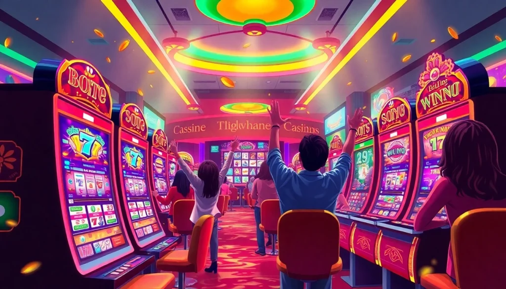 Vibrant online casino scene featuring players celebrating wins at hoki138 pro.