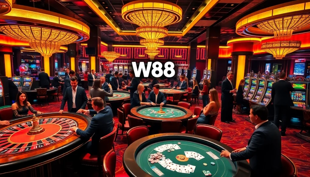 W88 link featured in a high-stakes casino environment with stylish gamblers at roulette tables.