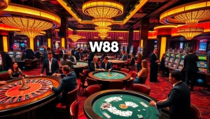 W88 link featured in a high-stakes casino environment with stylish gamblers at roulette tables.