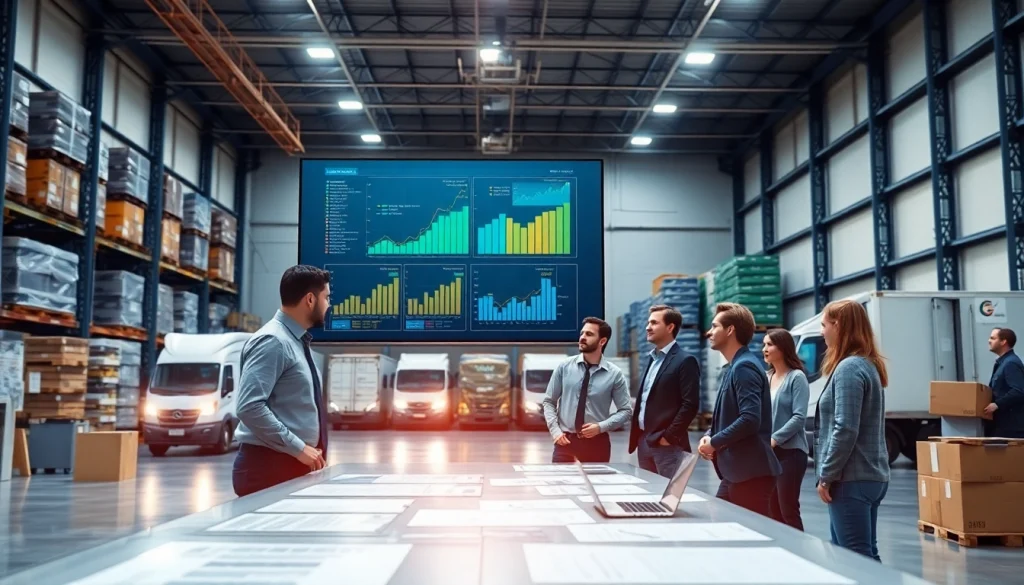 Logistics team analyzing data in a modern warehouse environment.