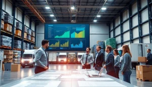 Logistics team analyzing data in a modern warehouse environment.