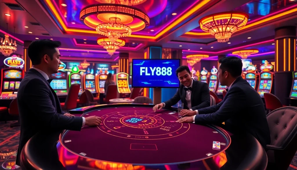A player enjoying a thrilling game at FLY88's luxurious online casino with vibrant tables and slot machines.