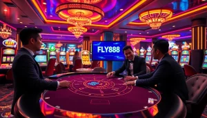 A player enjoying a thrilling game at FLY88's luxurious online casino with vibrant tables and slot machines.