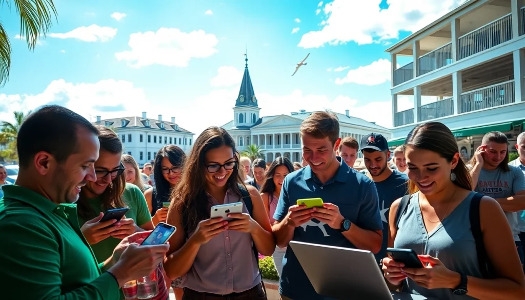 Engaged individuals exploring online sports betting South Carolina in a lively Southern setting.