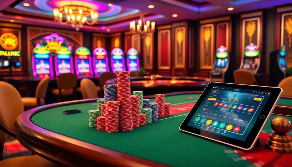 Visual representation of nạp tiền shbet in a lively casino scene featuring poker chips and a roulette wheel.