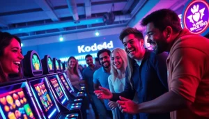 Kode4d slot gaming scene showcasing diverse players enjoying vibrant slot machines in a secure online environment.