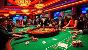 SBOBET enthusiasts placing bets at an upscale casino table surrounded by vibrant poker chips and cards.