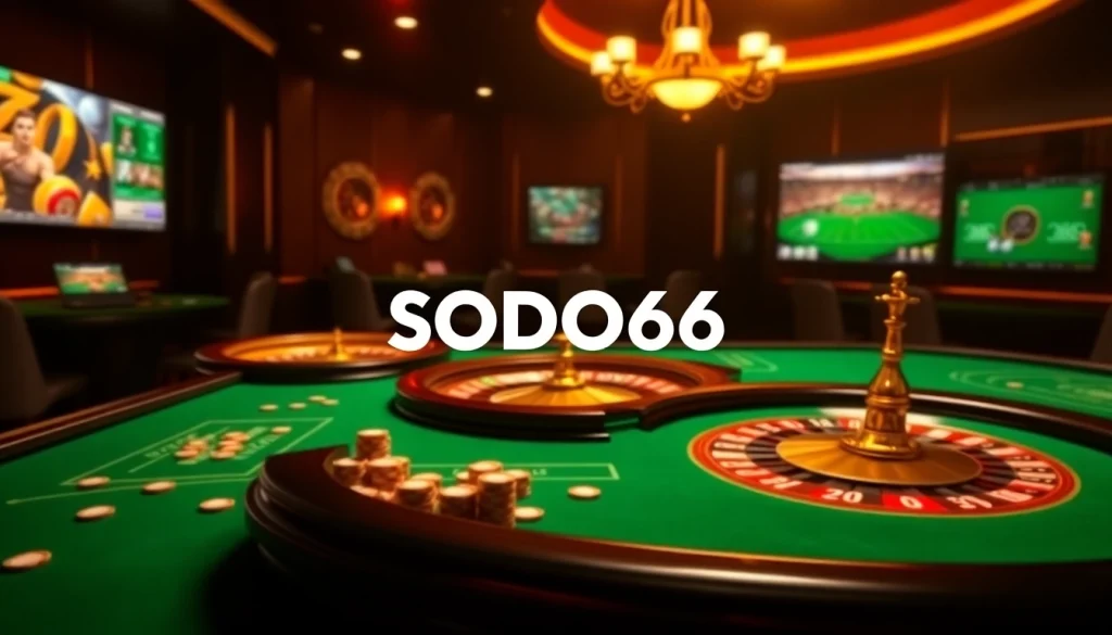 SODO66 logo prominently displayed in a vibrant casino setting with poker chips and roulette wheels.