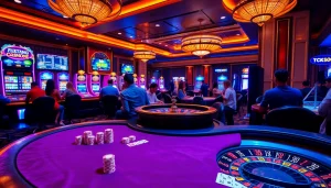 Experience the thrill of Tk88 with vibrant slot machines and an exciting poker table.