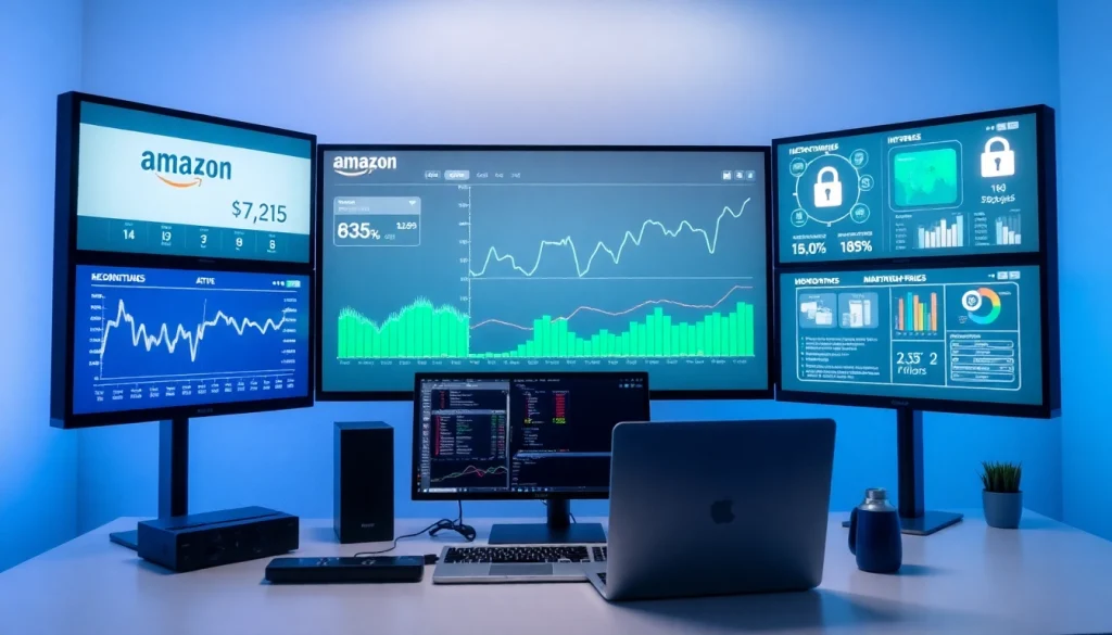 Infosec-focused workspace with e-commerce monitoring tools and financial charts.
