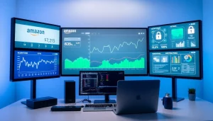 Infosec-focused workspace with e-commerce monitoring tools and financial charts.