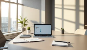 现代办公工作区，笔记本电脑上显示 WPS Office，配有时尚桌面与自然光线。