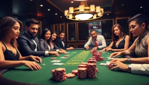Players enjoying a thrilling game at the 789club casino table with poker chips and cards.