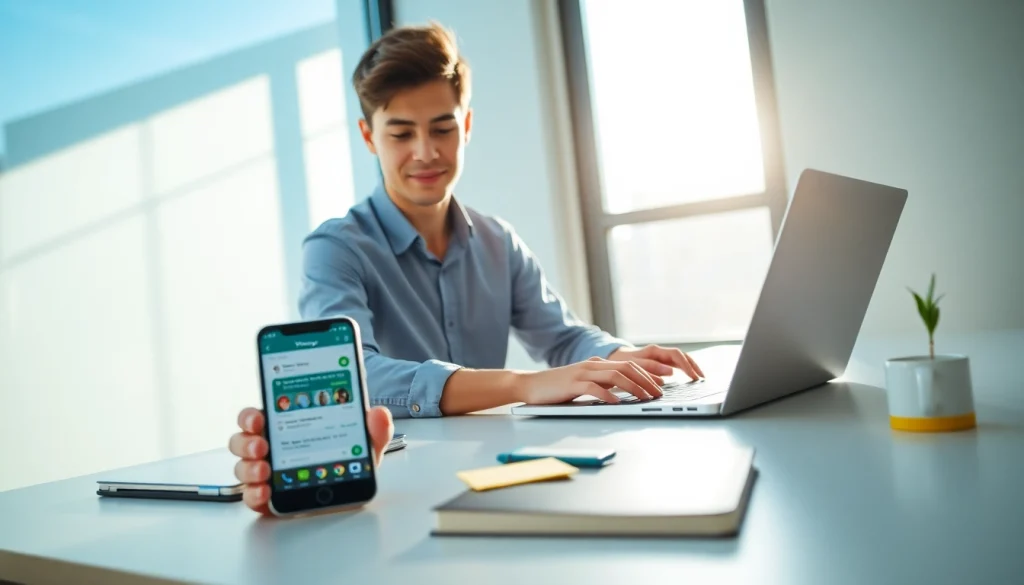 吸引人的现代办公室场景，展示一位年轻专业人士在笔记本电脑上使用 WhatsApp网页版实现无缝消息传递。