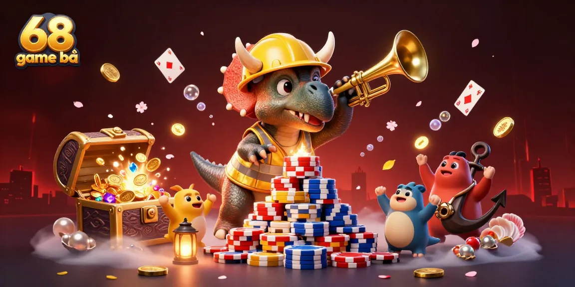 Join the excitement at 68 game bài with dynamic gaming elements surrounded by cheering characters!