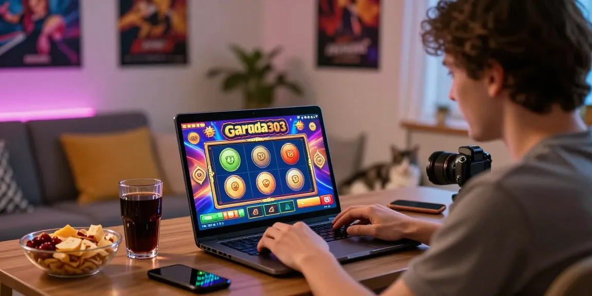 Player experiencing excitement with garuda303 slot on laptop in cozy home setting