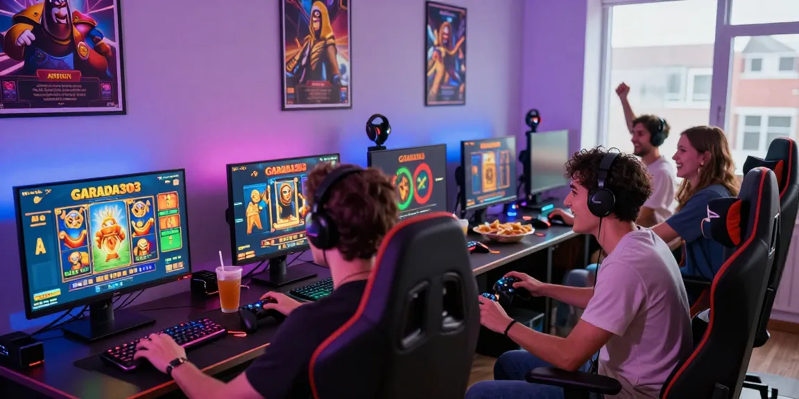 Exciting atmosphere of friends playing garuda303 slot game in a modern gaming setup.