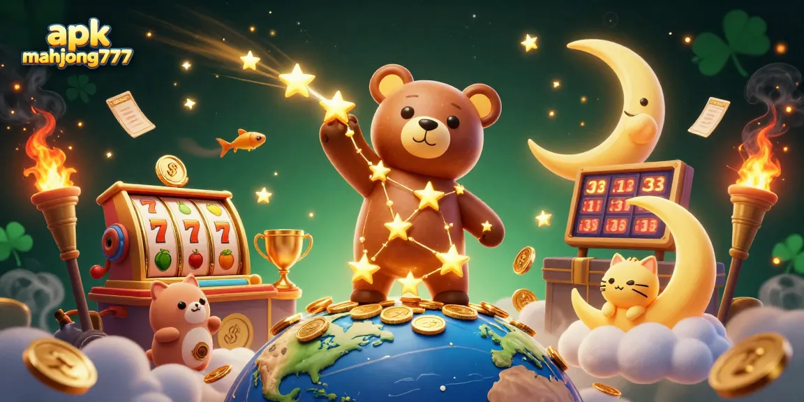 Play apk mahjong777 with a dynamic 3D scene of stellar characters, slot reels, and energetic gaming elements.