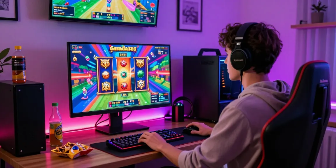 Player enjoying the garuda303 slot experience in a vibrant home gaming setup, surrounded by colorful screens and accessories.