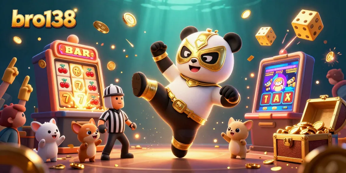 Experience the excitement of bro138 gaming with a lively 3D casino scene featuring a panda wrestler and jackpot action.