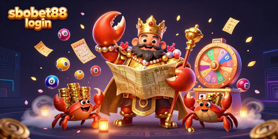 Experience sbobet88 login with a vibrant scene of a golden crab emperor among lottery elements and treasure.