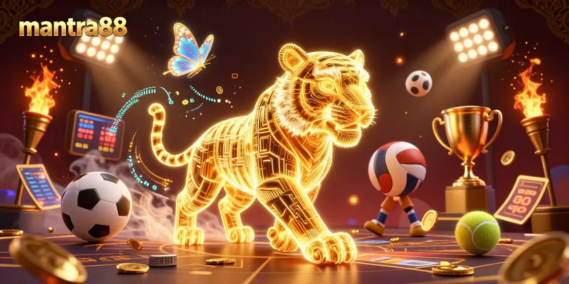 Engage with mantra88 in a vibrant digital casino, featuring a golden tiger, sports elements, and dynamic gameplay.
