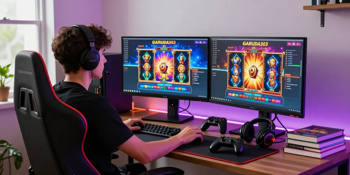 Engaged player at a modern gaming setup showcasing garuda303 slot interface on dual monitors amid a vibrant home office.
