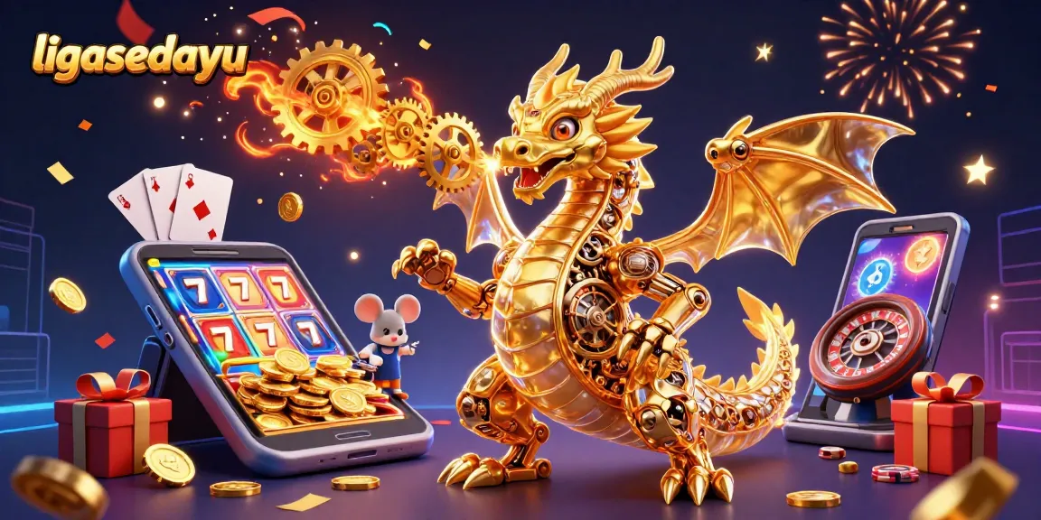 Engage in exciting gaming with ligasedayu's vibrant casino-themed illustration of a golden dragon and slot games.