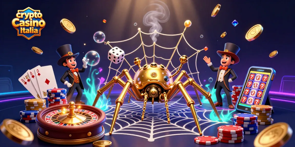 Scopri i migliori bonus nei crypto casino Italia con questa illustrazione accattivante di un ragno steampunk che cattura dadi fortunati.