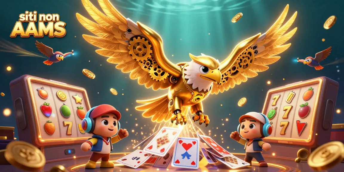 Vola l'aquila cybernetica tra schede da gioco nei migliori siti non AAMS, sorvolando monete d'oro e simboli fortunati.