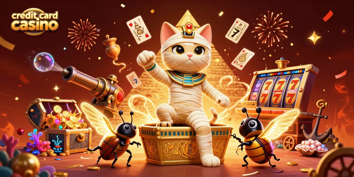 Engage in the thrilling world of credit card casino gaming with our vibrant 3D illustration featuring a mummy cat and golden treasures.
