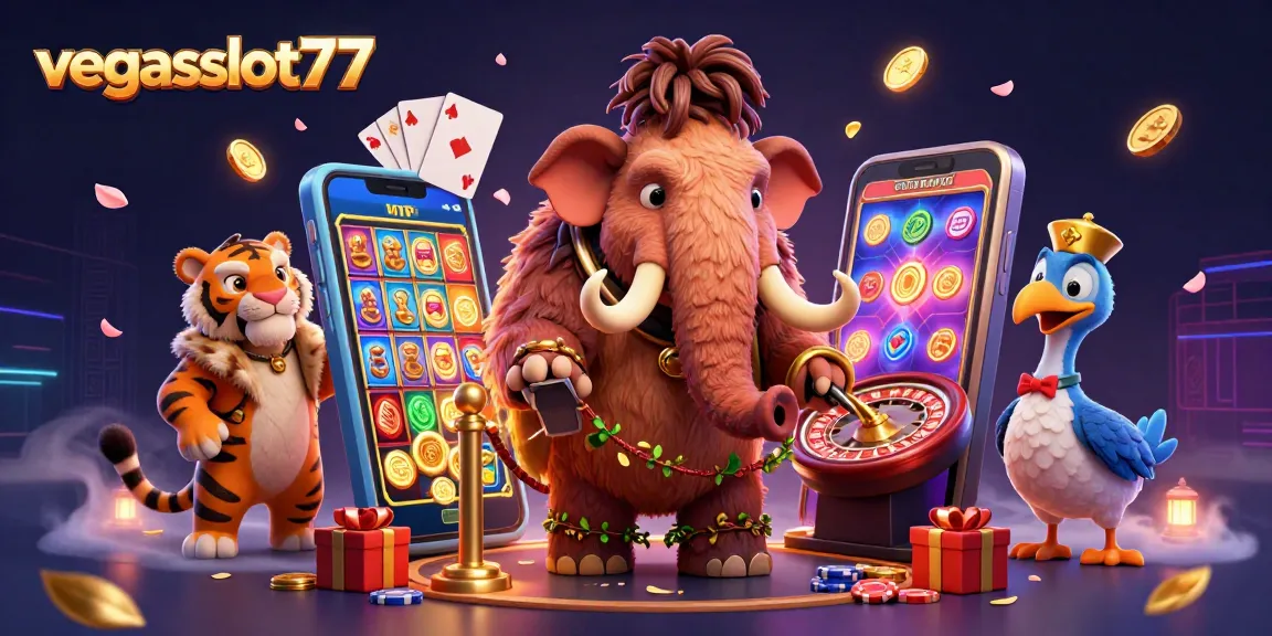 Using vegasslot77, experience thrilling online gaming with a vibrant scene of unique characters and casino elements.