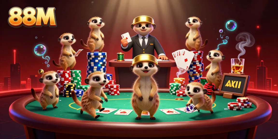 Experience thrilling action at 88M casino with meerkats playing poker amidst vibrant gaming elements.