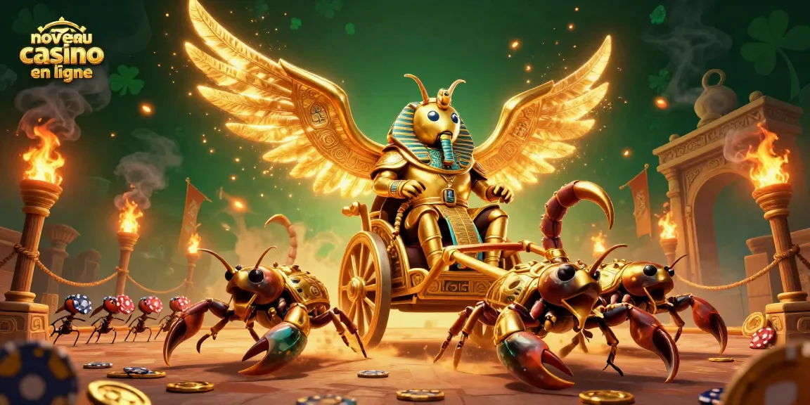 Découvrez un nouveau casino en ligne illustré avec un scarabée doré et des éléments de jeu captivants.