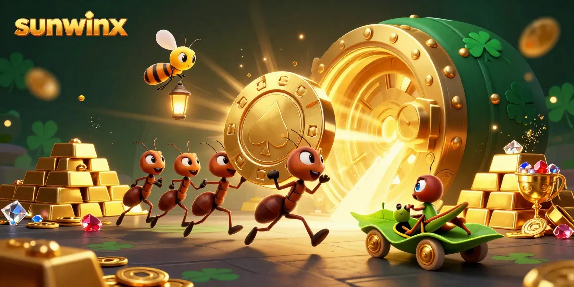 Join the thrilling heist at sunwinx with ants carrying a giant poker chip amidst sparkling casino treasures.