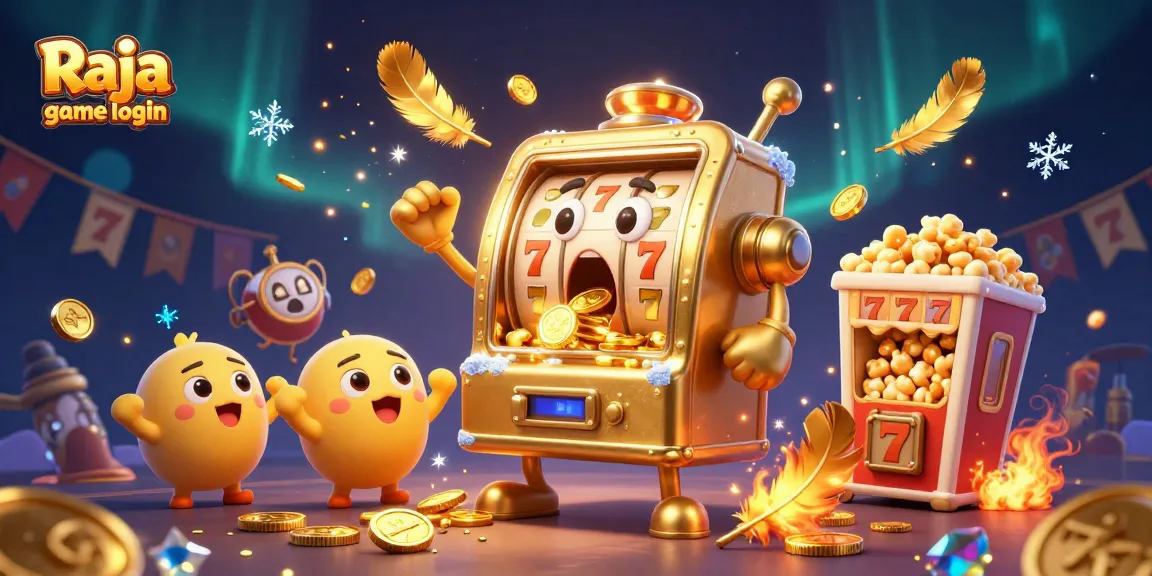Engage with Raja game login by watching a golden slot machine win big, surrounded by cheering slots and festive elements.