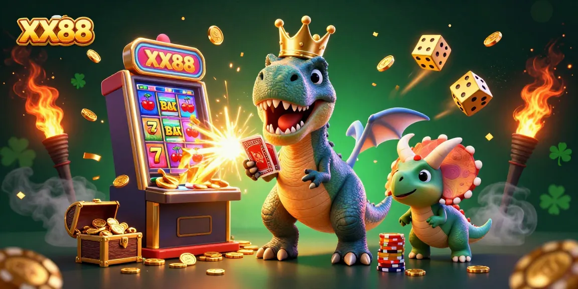 Experience the excitement of XX88 with a vibrant 3D casino illustration featuring characters in a dynamic gaming scene.