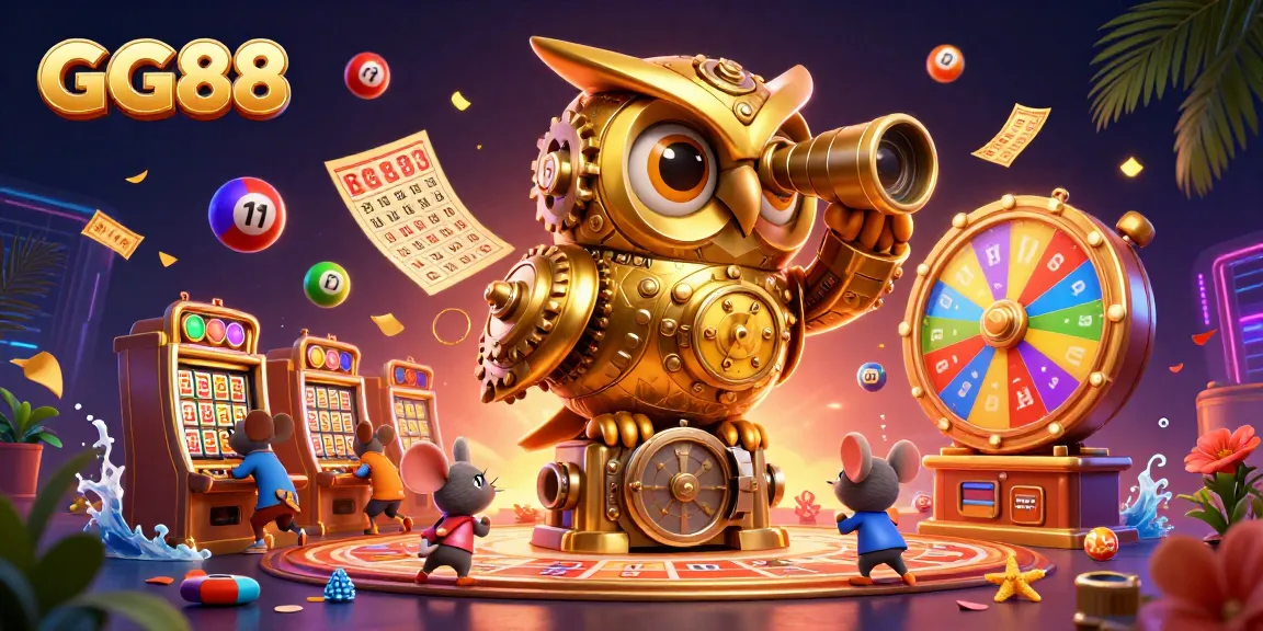 Engage with GG88's vibrant casino scene featuring a golden owl and dynamic gaming elements.