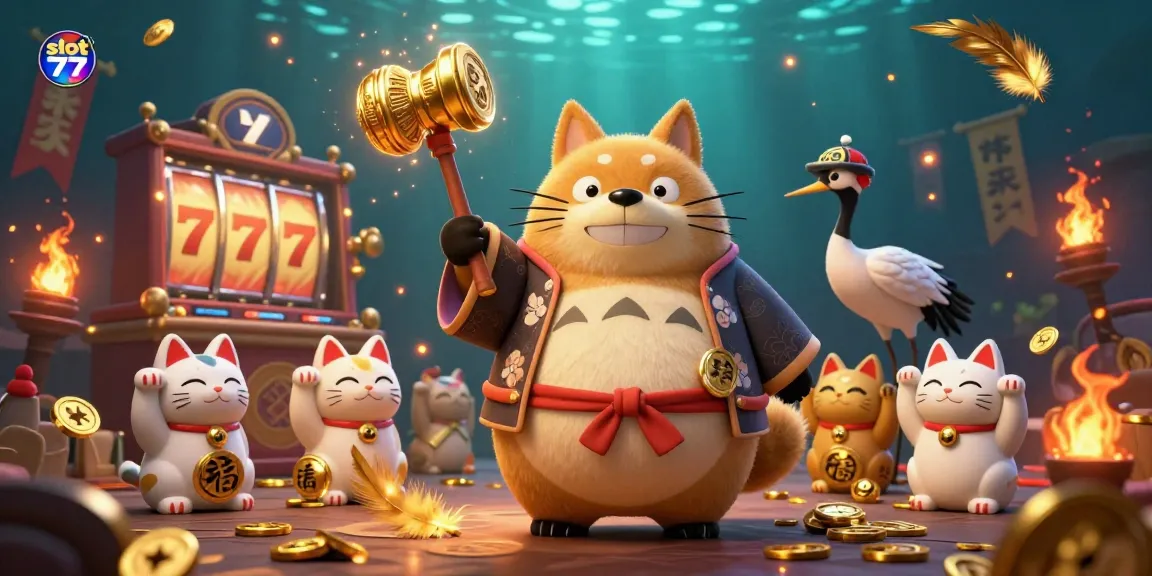 Engage with slot 777 as cheerful characters celebrate wins through vibrant casino elements and festive ambiance.