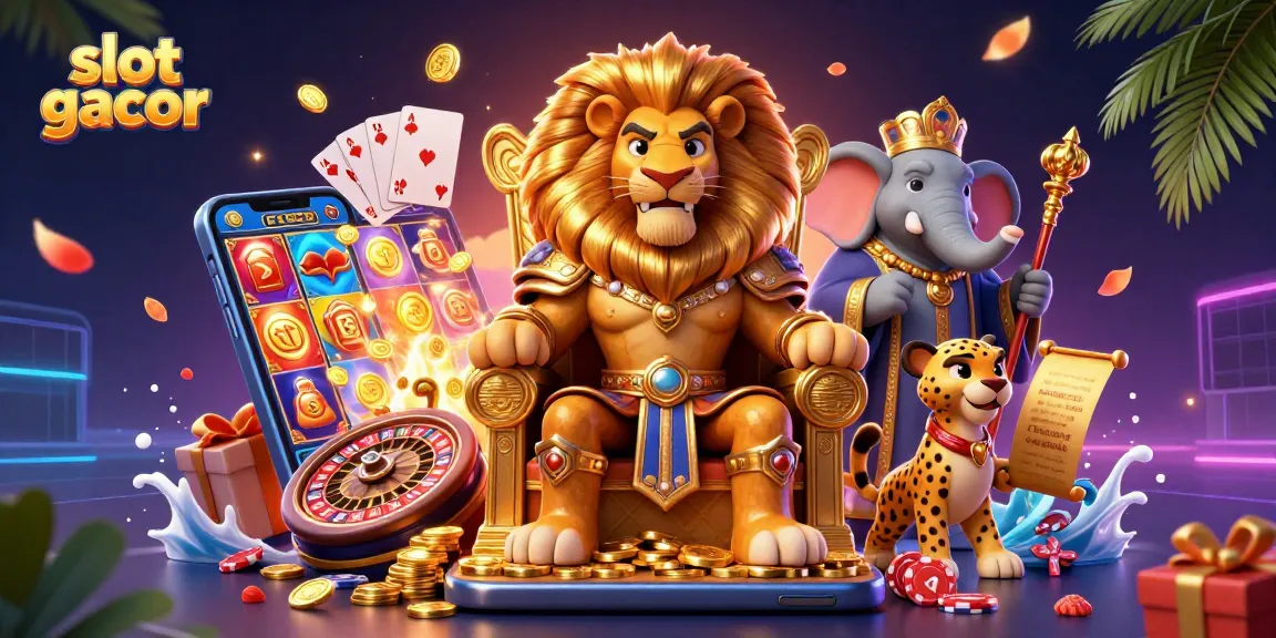Slot gacor menampilkan raja singa dalam pertempuran berjudi, dikelilingi elemen kasino yang menarik.