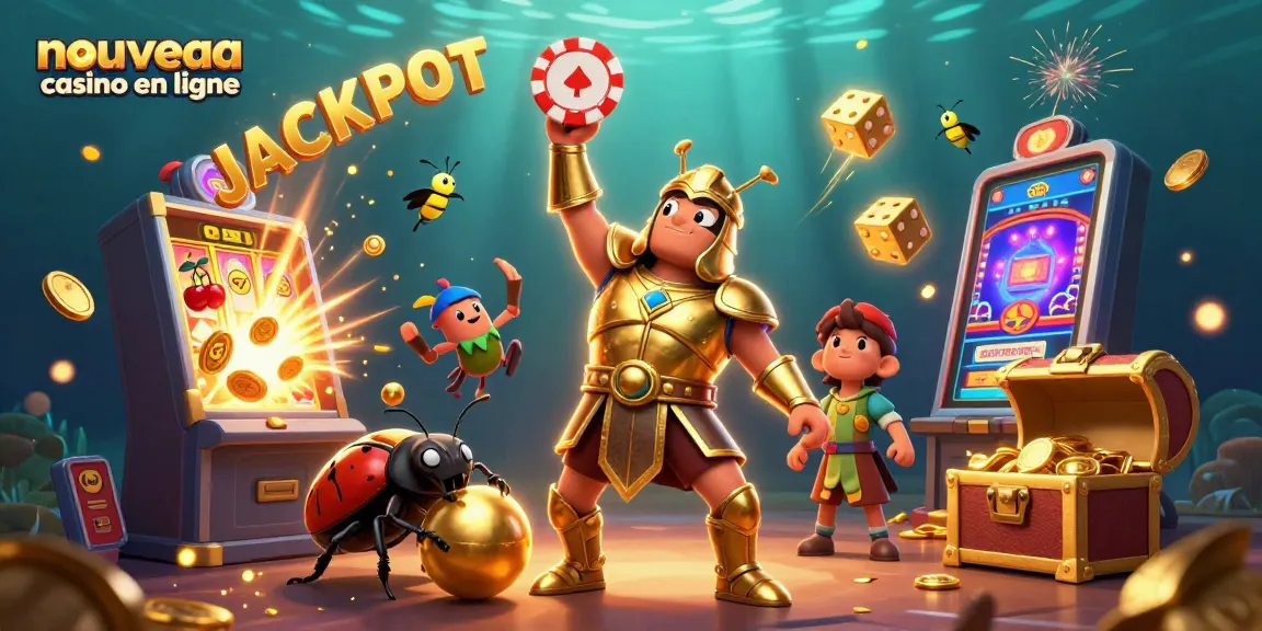 Découvrez le nouveau casino en ligne avec un scarabée hercule en armure dorée. Jackpot illuminé ci-dessus.