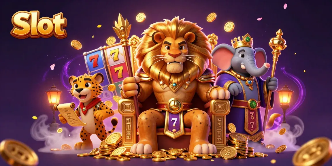 Spin vibrant Slot reels with a lion king, elephant, and cheetah amidst a treasure of gold coins.
