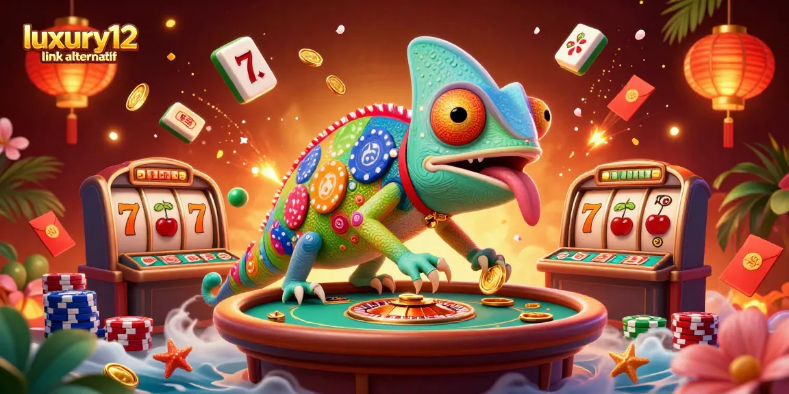 Engage with luxury12 link alternatif featuring 3D chameleon casino characters among slot reels and gold coins.
