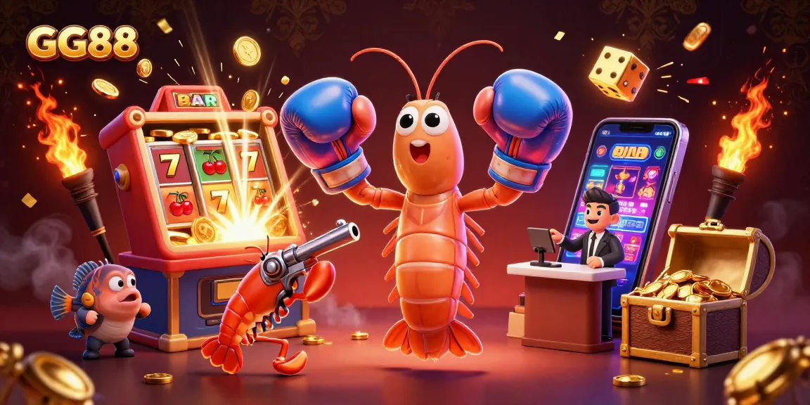 Experience thrilling gameplay at GG88 with a vibrant casino scene featuring slot machines and dynamic characters.